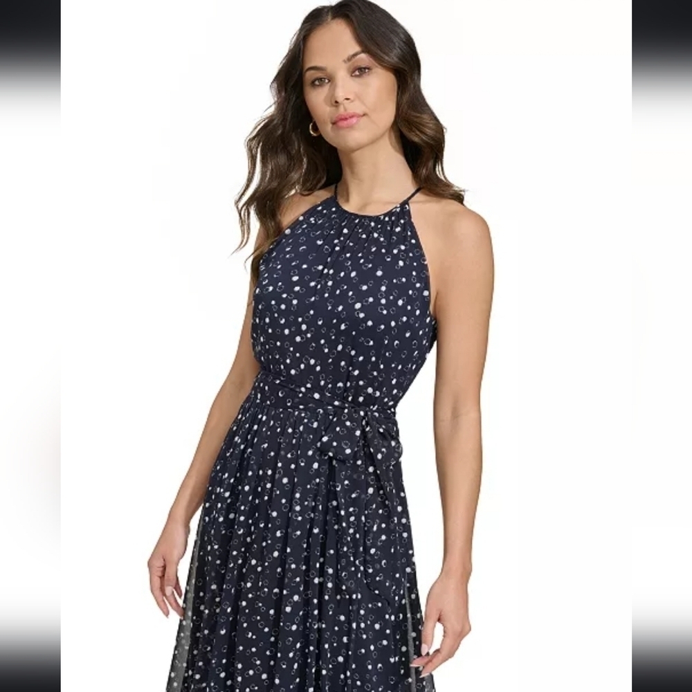NWT DKNY Women's Printed Chiffon Belted Halter Midi Dress Size 2 - Picture 4 of 12